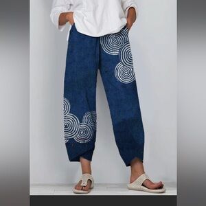Sea waves ripples Japanese Lini art linen blend pants size L brand new